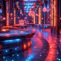 A high-tech, vibrant gaming venue with floating dice and neon lighting - AI-Generated Royalty Free Stock Photo