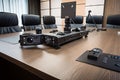 high-tech video conference system with multiple cameras and microphones for group videoconferencing