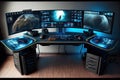 high-tech video gaming desk with multiple monitors and fast computer