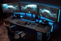 high-tech video gaming desk with multiple monitors and fast computer