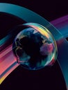 Futuristic digital representation of Earth with glowing night lights surrounded by vibrant translucent rings on a dark background Royalty Free Stock Photo