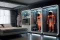 high-tech wardrobe with spacesuits hung in a bedroom