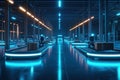 Modern warehouse featuring automated robots and illuminated conveyor belts at night