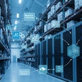 A high-tech warehouse interior features tall shelves filled with boxes and networked Royalty Free Stock Photo