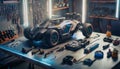 Futuristic garage workbench showcasing advanced remote controlled vehicle and tools