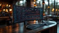 curved ultrawide computer monitor displaying complex data analytics and financial charts on a wooden desk in modern office Royalty Free Stock Photo