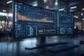 futuristic curved widescreen monitor displaying complex financial data and analytics charts in modern office environment Royalty Free Stock Photo