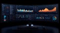 ultra wide curved computer monitor displaying complex financial data analytics with colorful graphs charts and statistics Royalty Free Stock Photo