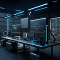 High-tech workspace featuring multiple large monitors displaying data visualizations Royalty Free Stock Photo