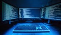 A high-tech workspace with multiple monitors displaying code, a keyboard, and a mouse, all illuminated by blue light.