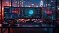 High-tech workspace with multiple screens displaying advanced code algorithms and futuristic virtual interfaces