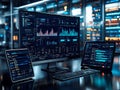 A high-tech workspace with two computer monitors, a keyboard, and a tablet, all displaying data graphs and charts The