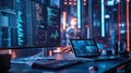 High-tech workstation with data and coding on multiple screens Royalty Free Stock Photo