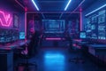 A modern and sleek workstation is illuminated by neon lights, showcasing multiple Royalty Free Stock Photo