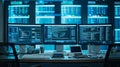 high-tech workstation with multiple computer monitors displaying graphs and analytical data. AI generated Royalty Free Stock Photo