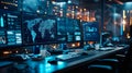 high-tech workstation with multiple computer monitors displaying graphs and analytical data. AI generated Royalty Free Stock Photo