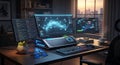 High-tech workstation with multiple monitors displaying code and data visualization Royalty Free Stock Photo