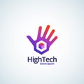 High Technology Absrtract Vector Sign, Symbol or Logo Template. Palm Hand with Cube Gradient Icon with Modern Typography Royalty Free Stock Photo