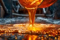 High-Temperature Molten Metal Pouring from Industrial Furnace at a Foundry with Intense Glow and Sparkles Royalty Free Stock Photo