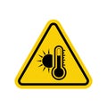 High temperature sign. Warning yellow triangle with the image of the sun and a thermometer inside. Very hot and burning