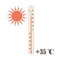 High temperatures in hot summers. Sun and street thermometer