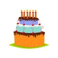 High three-tiered birthday cake with chocolate top, cream decor and candles on white background