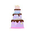 High three-tiered birthday cake with chocolate topping, cream decor and candles on white