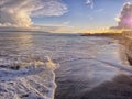 High tide at Salthill, Galway city, Galway, Ireland, beach and moody sky. Atlantic ocean, Galway bay