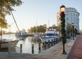 Boats at Portsmouth, VA weather high tide and holiday decoration Royalty Free Stock Photo