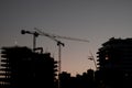 High tower cranes work on the construction site of high-rise buildings with illumination at sunset Royalty Free Stock Photo