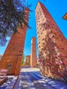 High towers on Piazza Leonardo da Vinci are  the main tourist attractions of Pavia town, Italy Royalty Free Stock Photo