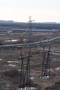 High transmission towers in the spring afternoon in the suburbs of Moscow