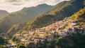 High up, nature panoramic view mountain range, sunset, and coastline generated by AI Royalty Free Stock Photo