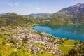 High up view of alpine town St. Gilgen on Wolfgangsee lake on a beautiful sunny day, Austria