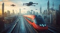 A high-velocity train with a dynamic, holographic outer shell, traversing a sci-fi urban landscape Royalty Free Stock Photo