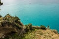 High view of blue waters of the Mediterranean beach on the coast of Taormina