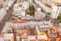 High view Kyiv streets and yard with its traditional urban post soviet architecture style.