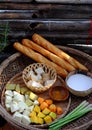 High view raw material of vegan curry dish with bread, homemade Vietnamese food