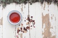 A high view of Rosehip Tisane in a cup with loose leaves Royalty Free Stock Photo