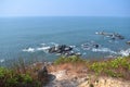 High view skyline beautiful deep blue sea landscape background with endless horizon at goa beach, India, rocky coast and Royalty Free Stock Photo