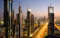 A high-viewpoint, night shot, of Sheikh Zayed Road, Dubai.