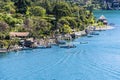 High viewpoint view of dock & boats on Lake Atitlan, Guatemala