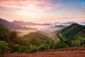 High views with views of mountains and fog interspersed among lush green forests at sunrise, golden light, sky and colorful clouds