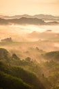 High views with views of mountains and fog interspersed among lush green forests at sunrise, golden light, sky and colorful clouds