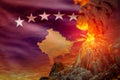 high volcano eruption at night with explosion on Kosovo flag background, problems of disaster and volcanic ash concept - 3D