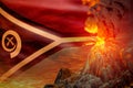 big volcano eruption at night with explosion on Vanuatu flag background, suffer from eruption and volcanic ash conceptual 3D Royalty Free Stock Photo