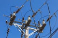 High voltage circuit power line on electricity power pole Royalty Free Stock Photo