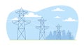 High voltage distribution grid supports transmit electrical power to city. Electric transmission. Industrial landscape