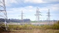 High voltage electric high voltage electric transmission power towers with electric glass insulator over cloudy stormy