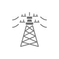 High voltage electric line pylon, energy pole gray icon. Royalty Free Stock Photo